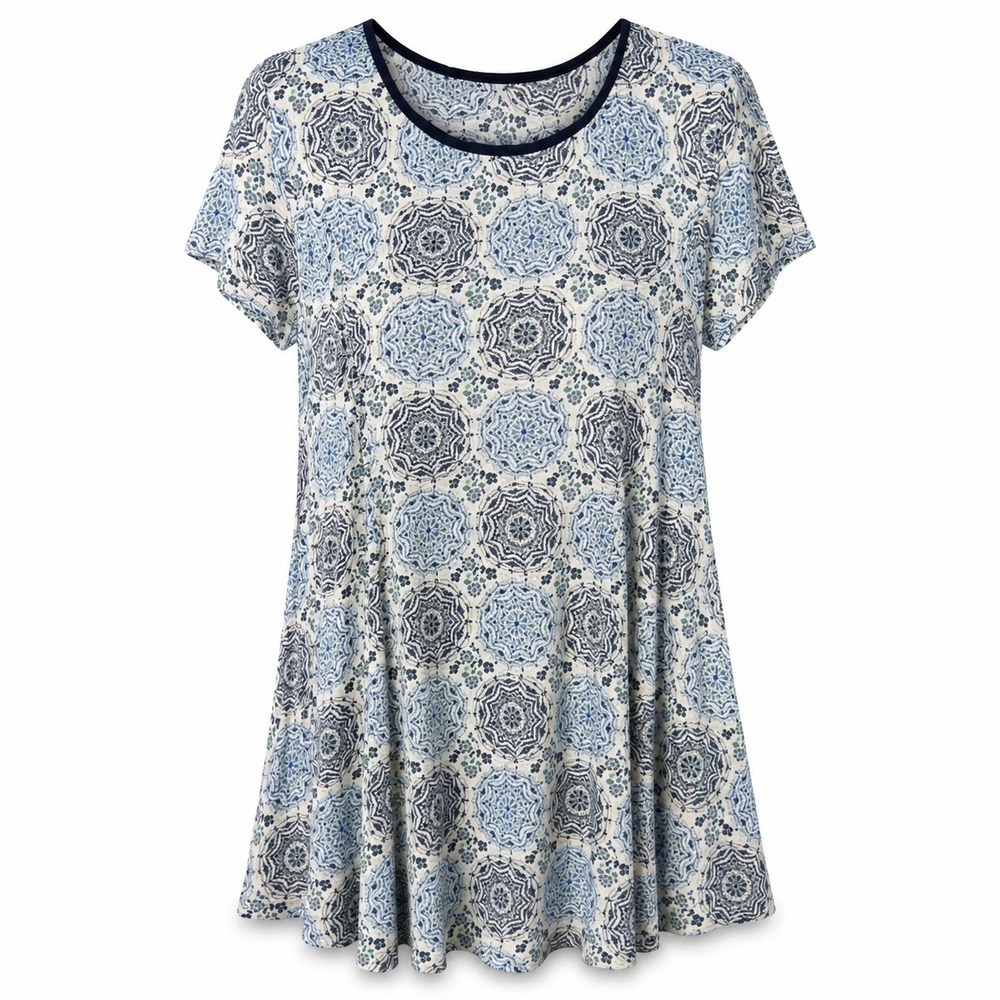 Sadie & Sage Medallion Print Swing Dress Womens Sz M Blue White EUC Boho A-Line